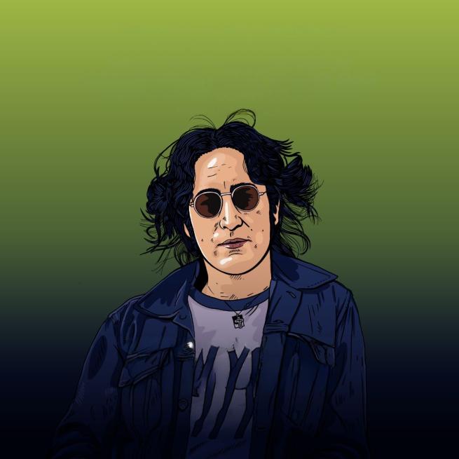 Cartoon illustration of John Lennon in his older years.