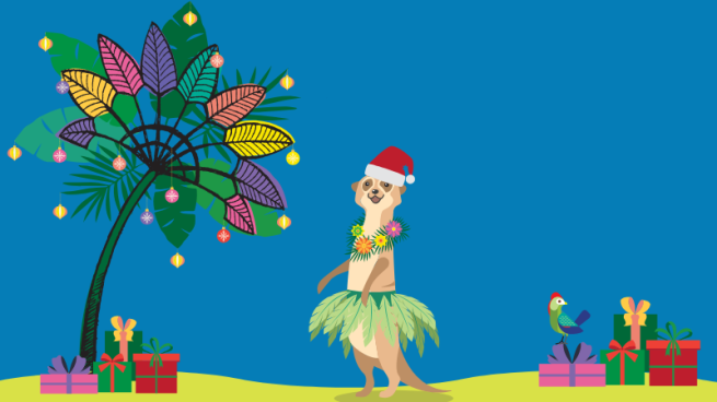 An illustration of a palm tree decorated and a meerkat with a Christmas hat