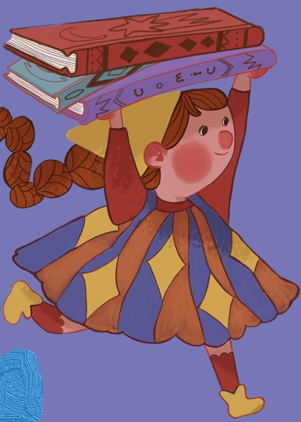 Cartoon girl running holding books over her head. 