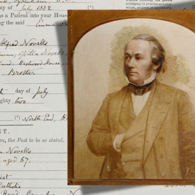 Sepia painting of a man in a suit with his hand inside his jacket over a handwritten form requesting the admittance of a patient to an asylum