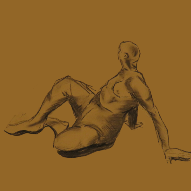 Charcoal drawing of a nude seated figure on dark yellow paper