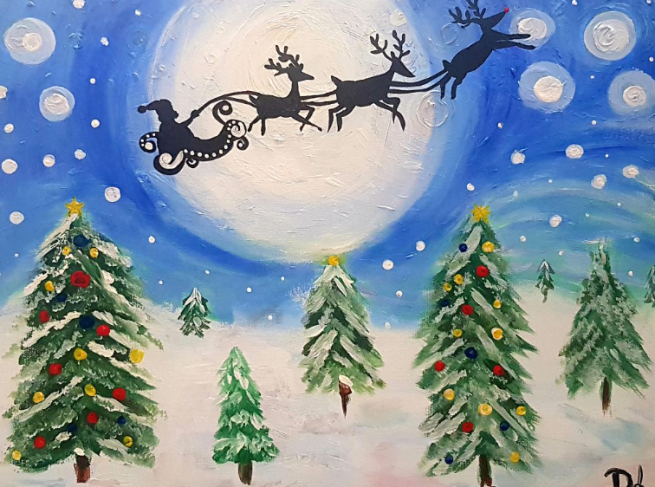 A silhouette of Santa and his 3 reindeer fly across a large white moon that sits over a blue snowy covered sky. Two large Christmas trees with red and yellow baubles sit to the far left and middle right with the other trees scattered across the snowy landscape.