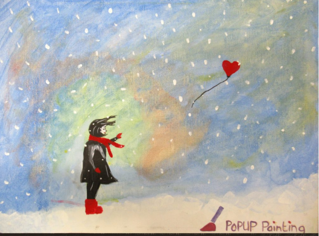 A young girl wearing a red scarf, boots and gloves, stands aganist a snowy glowy background with her arm outstretched as her red heartshaped balloon flies away.