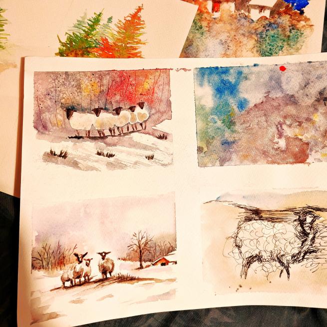 A selection of winter themed watercolour paintings including sheep and trees