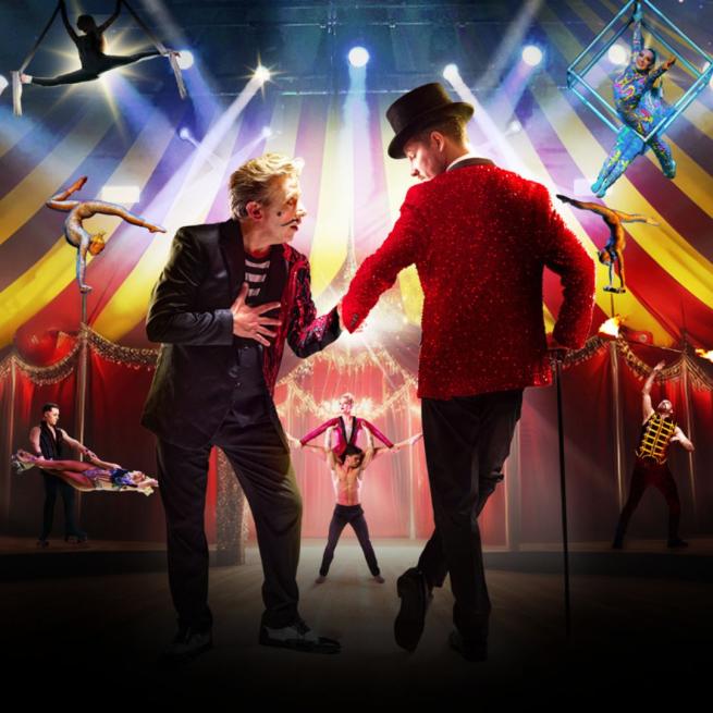 Promotional image for Cirque: The Greatest Show Reimagined including a figure with their back to the camera in the classic Greatest Show red jacket and black top hat, next to a mime.