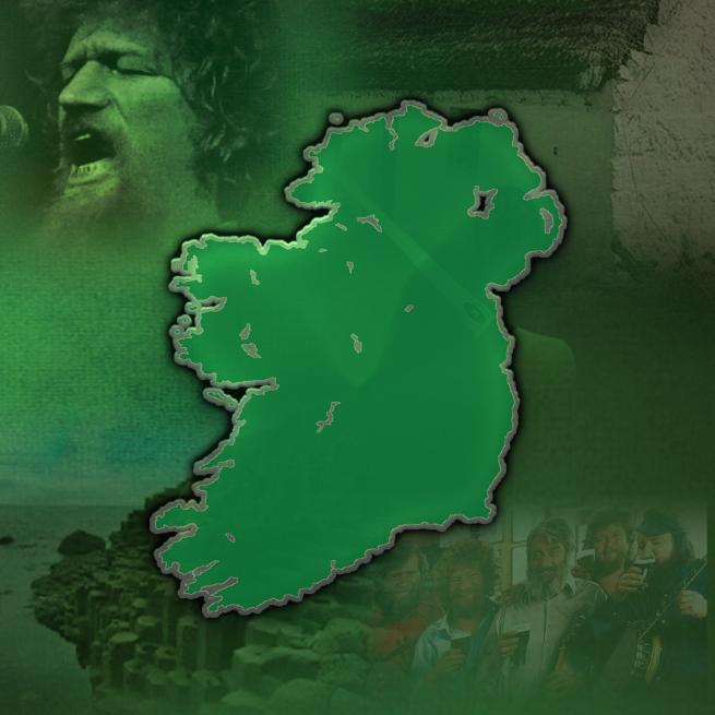 Completely green-toned image of the island of Ireland with images of Irish musicians super imposed on to where the sea is.