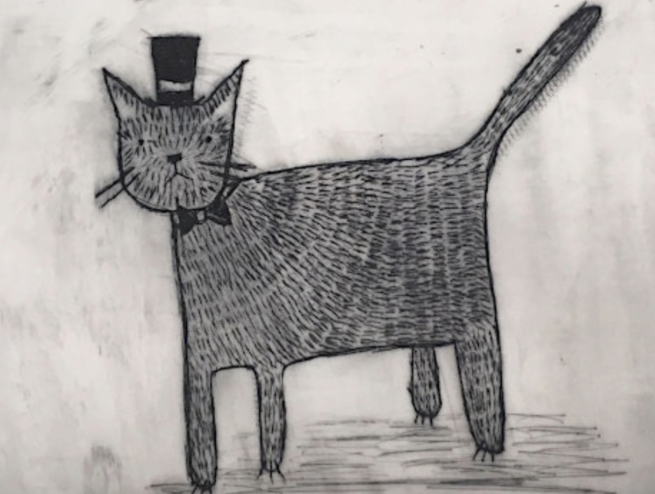 A black and white drypoint etched image of a cartoon cat, wearing a top hat and bow tie