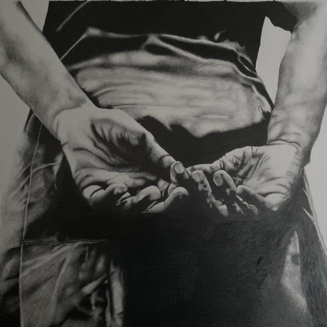 A pencil drawing of hands held behind the back