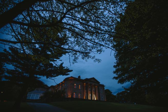 A mansion in a park at night