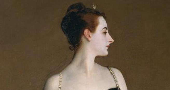 Painting of a woman in profile with pale skin and dark hair styled in an updo, wearing a black gown with jeweled straps, set against a plain brown background."