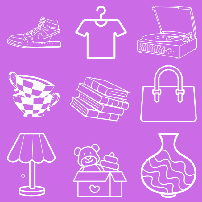 ILLUSTRATION OF A COLLECTION OF ITEMS YOU COULD FIND AT A JUNK SALE ON A PURPLE BACKGROUND