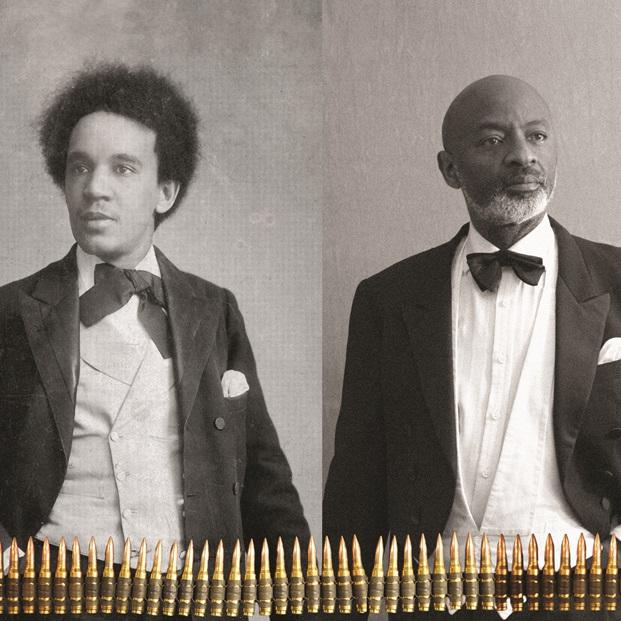 Two men in evening wear: one a black and white vintage photo the other modern. Along the bottom is a line of bullets. 