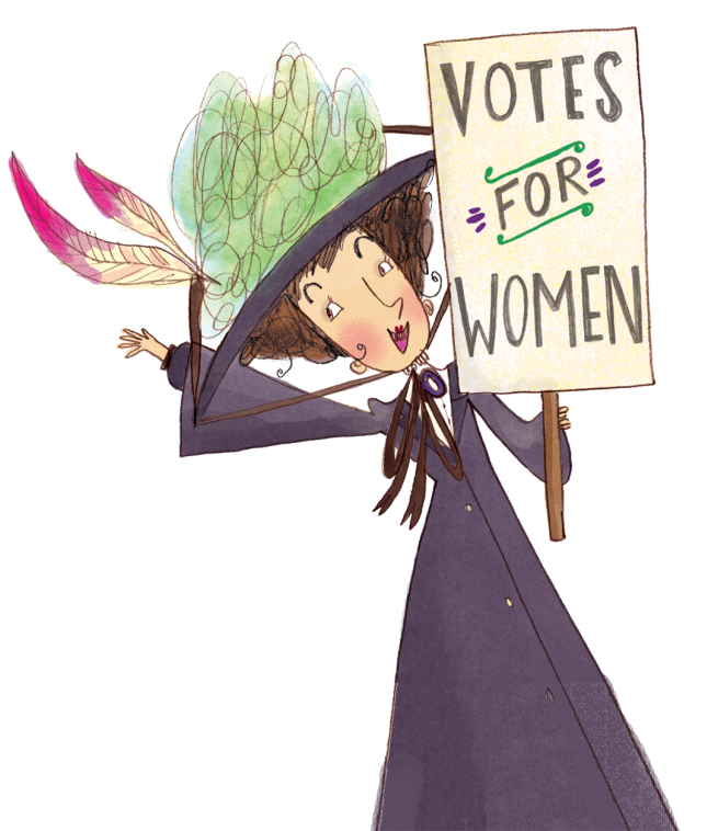 An illustration of Emmeline Pankhurst holding a Votes for Women placard