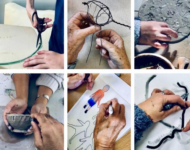 Different peoples hands are making things. Some are making wire sculptures, some are using clay. Some are colouring pictures and some are drawing.