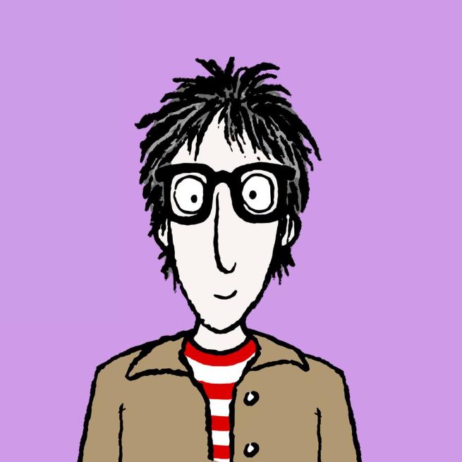 Cartoon of Nick Cope from the torso up wearing glasses, a red and white tshirt and a brown jacket.