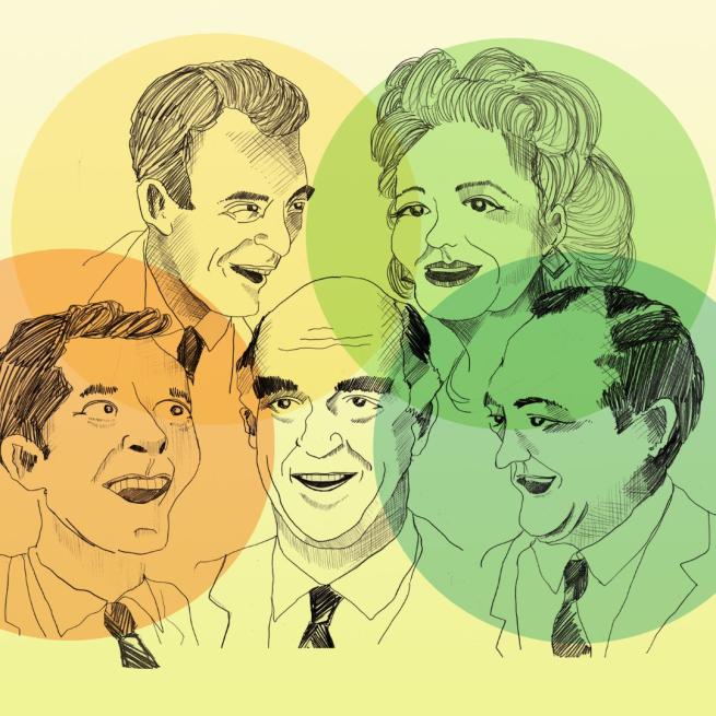 Five illustrated outlines of smiling faces against with a yellow, green and orange background.