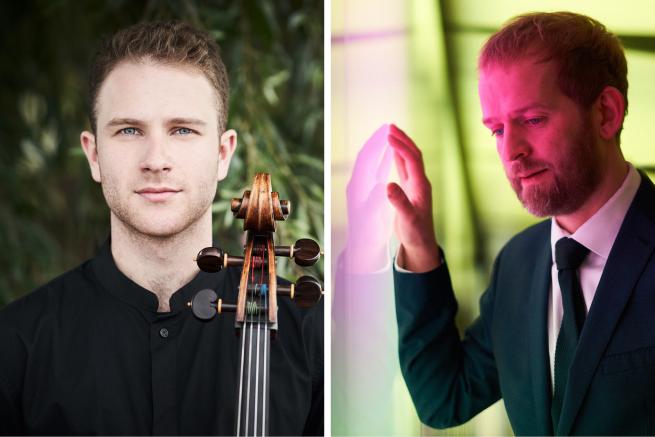 Head & shoulders photos of Tim Posner holding his cello and pianist Alasdair Beatson leaning against a window.