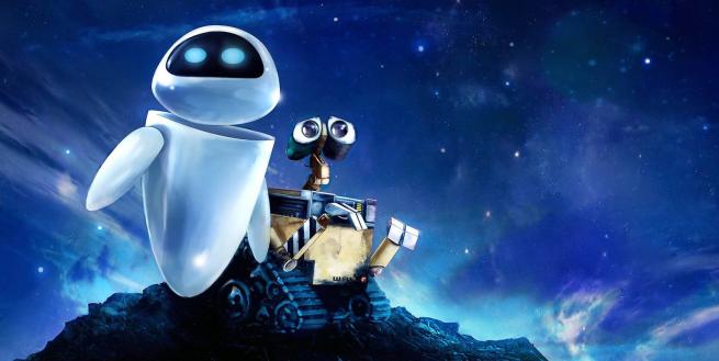 Eve and Wall-E stand together on a mountain