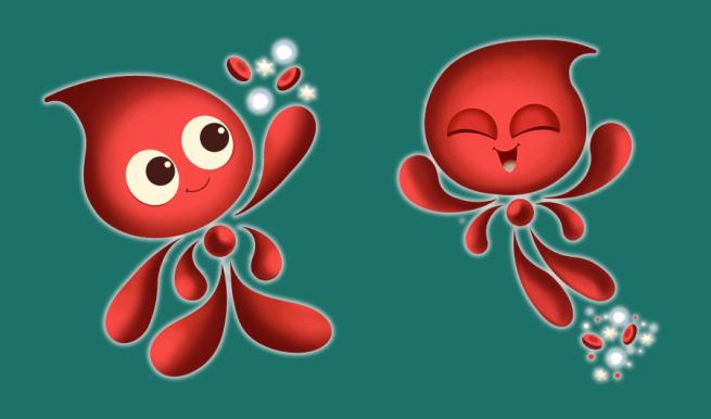 Two illustrated blood droplets with eyes, mouths and faces, smiling and jumping into the air.