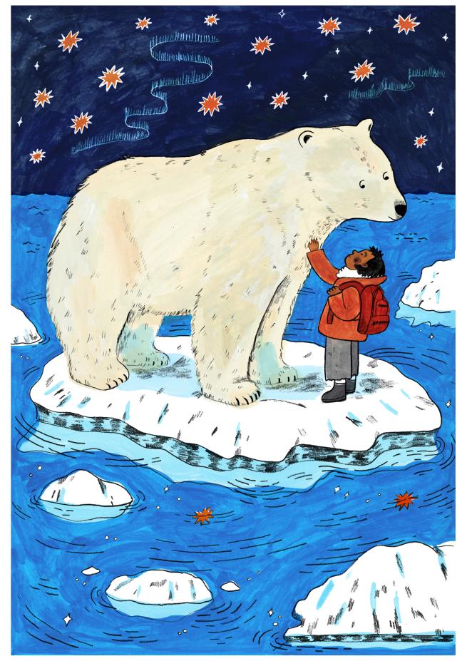 A boy strokes a polar bear on an ice berg