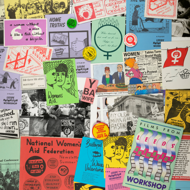 A colourful selection of flyers, postcards and badges from Women's Aid, Leeds Animation Workshop and Feminist Archive North.