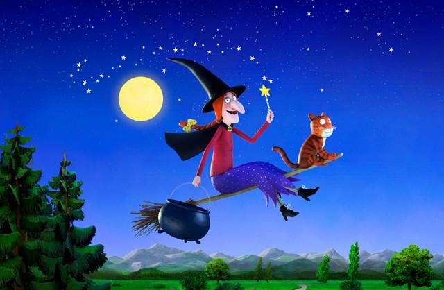 A Witch ride a broom with a cauldron and a cat