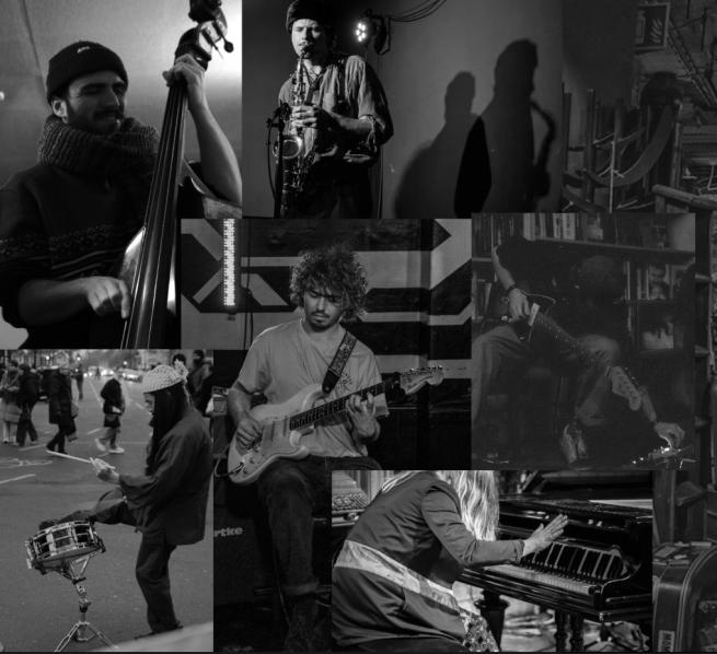 a collated picture of the artists performing on the event. double bass, saxophone, drums, guitar, and piano are present.