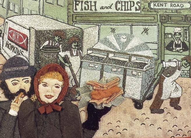 Section of Tapestry depicting a couple eating fish and chips