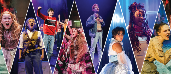 photos of eight different young people performing in different musical productions onstage. all young people have been captured singing