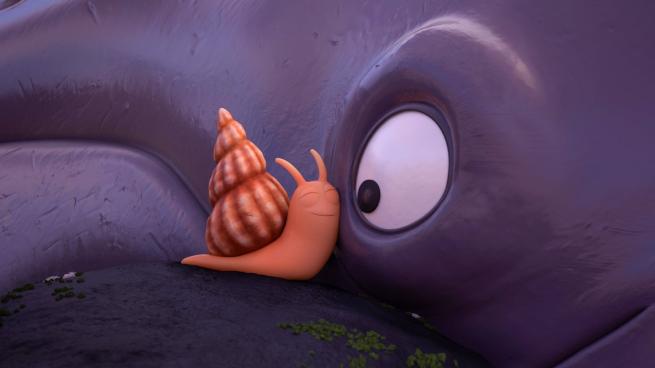 In animation style a snail stares into the eye of a whale, the snail is the same size as the eye 