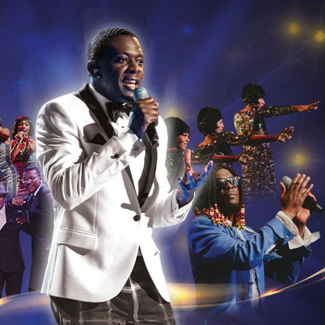 Image of various Motown musicians with Bizzi Dixon singing into a microphone in a white suit front and centre.