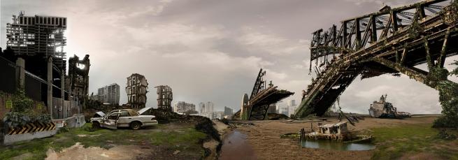 The image shows a destroyed and overgrown cityscape.