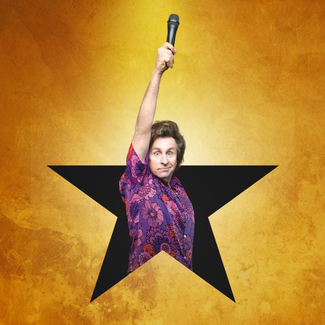 Promotional image in the style of the musical Hamilton's treatment. Milton Jones wearing a floral purple shirt in the middle of a black star holding up a microphone.