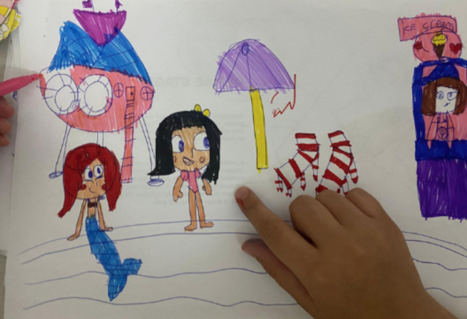 A photograph of childrens drawings of a playful space with mermaids and spaceships and a child's hand pointing at the pictures 