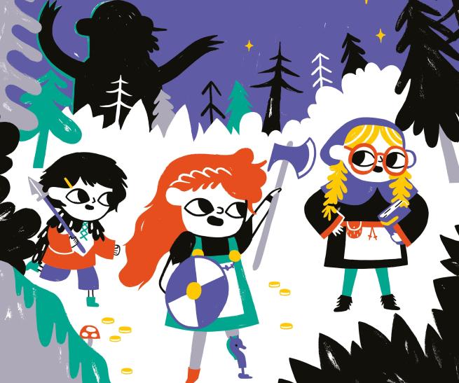 Illustrate picture of 3 girls in a forest 