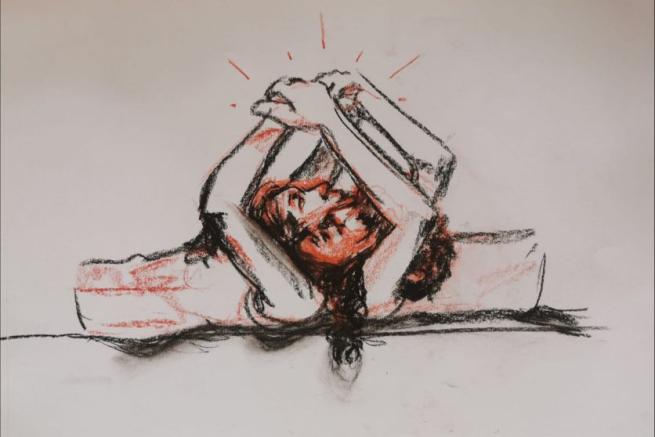 A sketch of two people lying down with hands intertwined