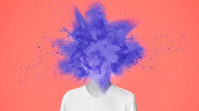 A purple paint explosion in the place of a head. Below, a neck and a white t-shirt. The background is pink/orange.