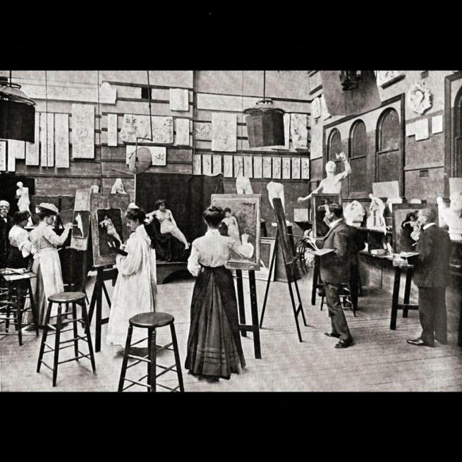 Victorian picture of artists drawing in a big room.