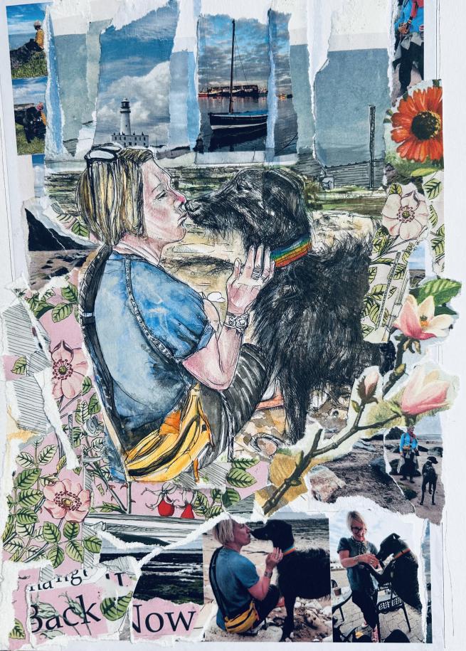 COLLAGE OF WOMAN AND DOG BY THE SEA