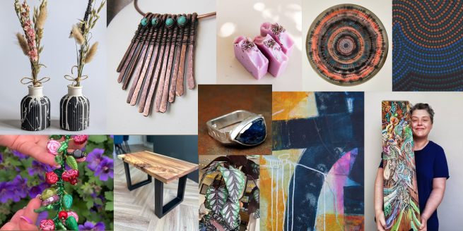 A collage of photographs of handmade arts and crafts from some of the sellers from the fair. Coper necklace, colourful beaded bracelet, a intricately painted piece of teak wood, a paper plant, handmade soap.