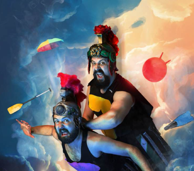 Two Male gladiators fearfully screaming 