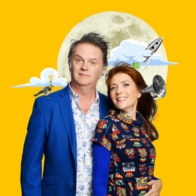 Paul Merton and Suki Webster stood in front of an image of the moon with illustrations of clouds, a rocket ship, a small bird and a gramophone surrounding them and the moon.
