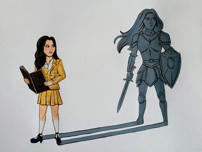 A young woman stands, her shadow is her as a paladin 