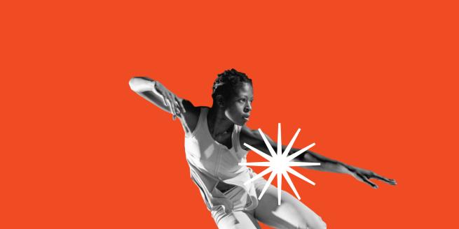 A black and white photograph of a person dancing. They are leaning to one side and have one arm bent and one outstrecthed. There is a star or wheel motif and a bright orange background.