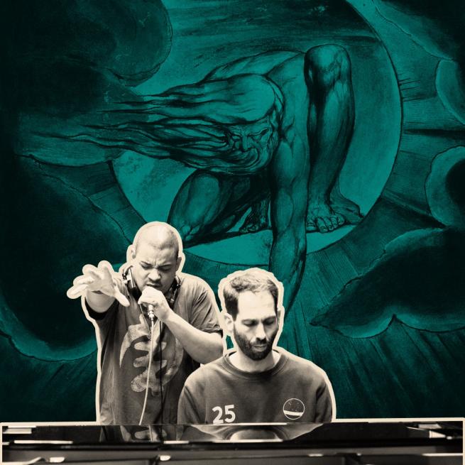 Black and white collage style overlay of Testament perform ing into a handheld microphone, with an outstretched hand and headphones round his neck. He stands behind Matthew Bourne, who sits at a piano. The background features a turquoise illustration of The Ancient of Days, a Zeus-like figure crouching in the sky.