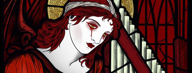 A stained glass illustration of St.Cecelia the patron saint of music with a gothic edge including deep hues of red, wings and bloody tears. 