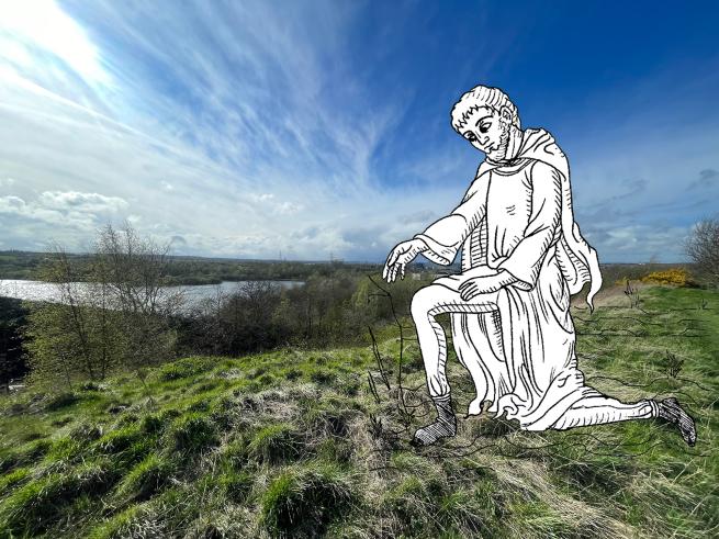 Illustration of a man kneeling on the grass next to a lake