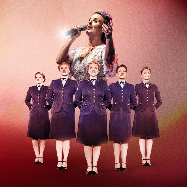 Set against a glowing deep pink backdrop, five uniformed ladies stand poised and smiling in a triangle formation. Behind them is a woman singing into a microphone with an outstretched hand.