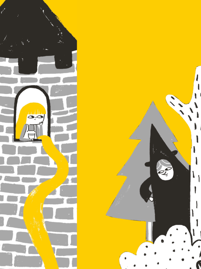 Golden-haired girl in a grey tower opposite a witch in a forest against a yellow background.