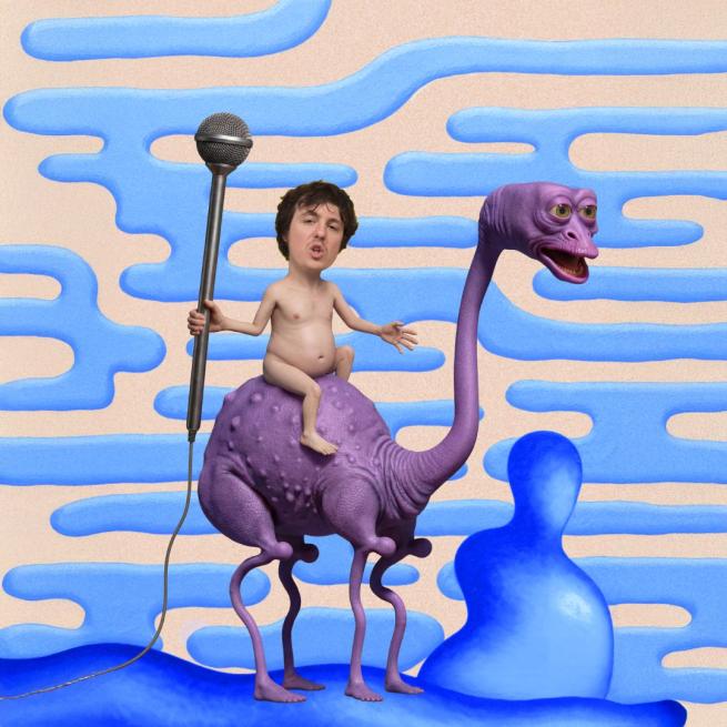 Sam Campbell's face super-imposed onto a small naked body, holding a comically large microphone and riding the back of a purple dinosaur-like creature, surrounded by blue shapes.